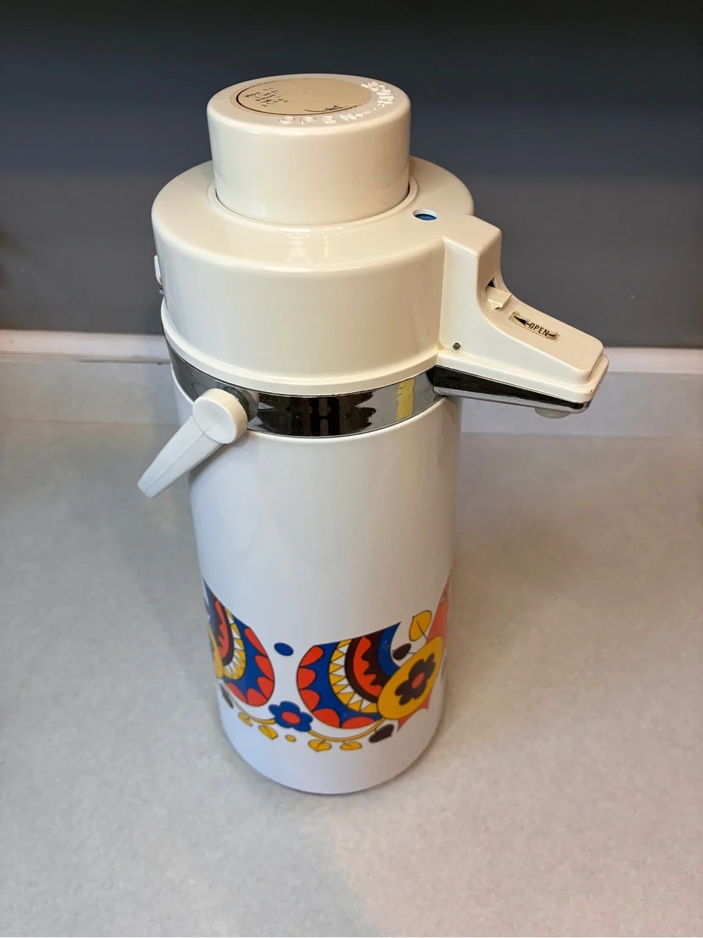 Vintage Air Pot Thermos Pump Drink Dispenser MCM Colorful Partridge Birds